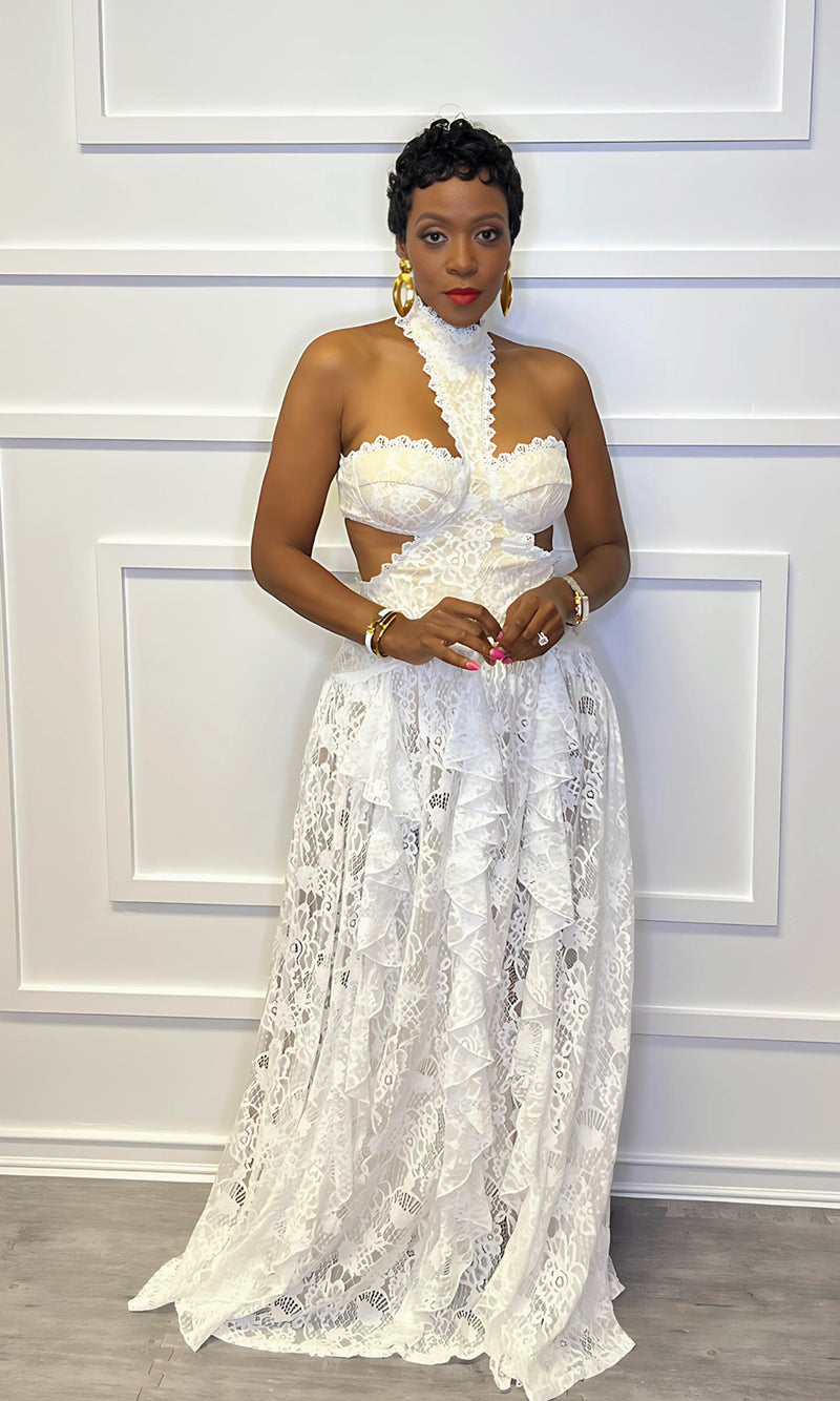 Garden Lace White Halter Maxi Dress:PRE-ORDER:RESTOCK ETA: 7/25/25