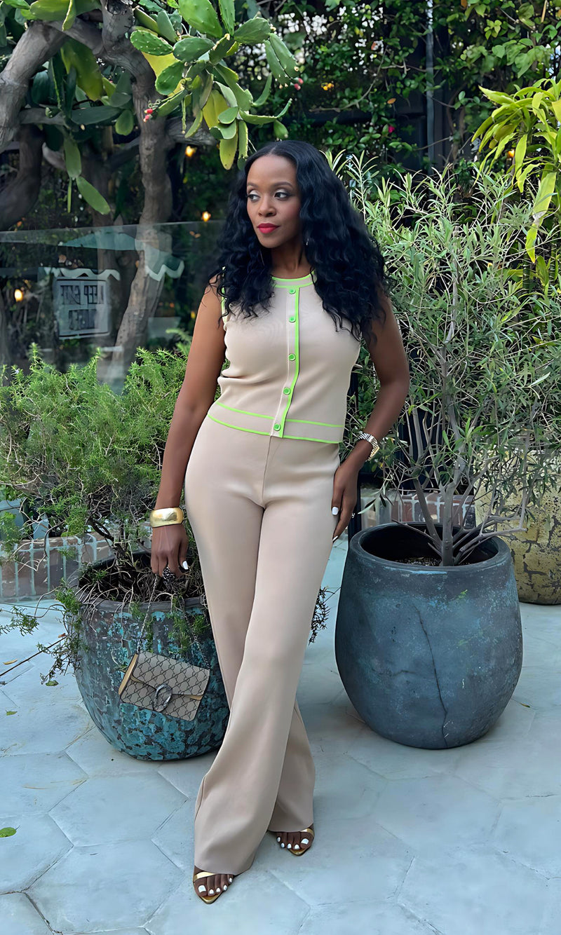 Kendall Knit Mocha & Lime Pants Set