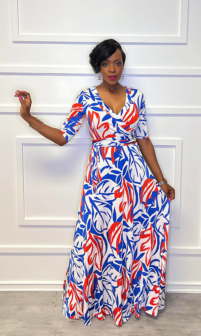 Myles Blue and White Wrap Maxi Dress