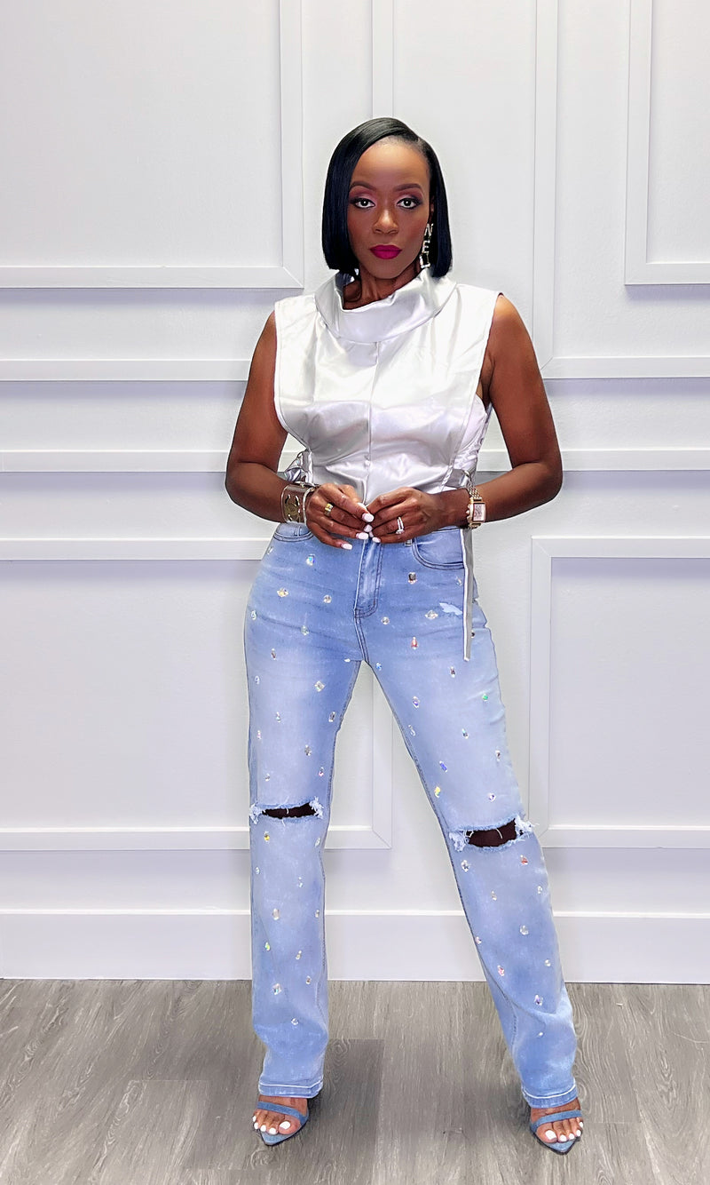 Cuff It Cropped Metallic Silver Top