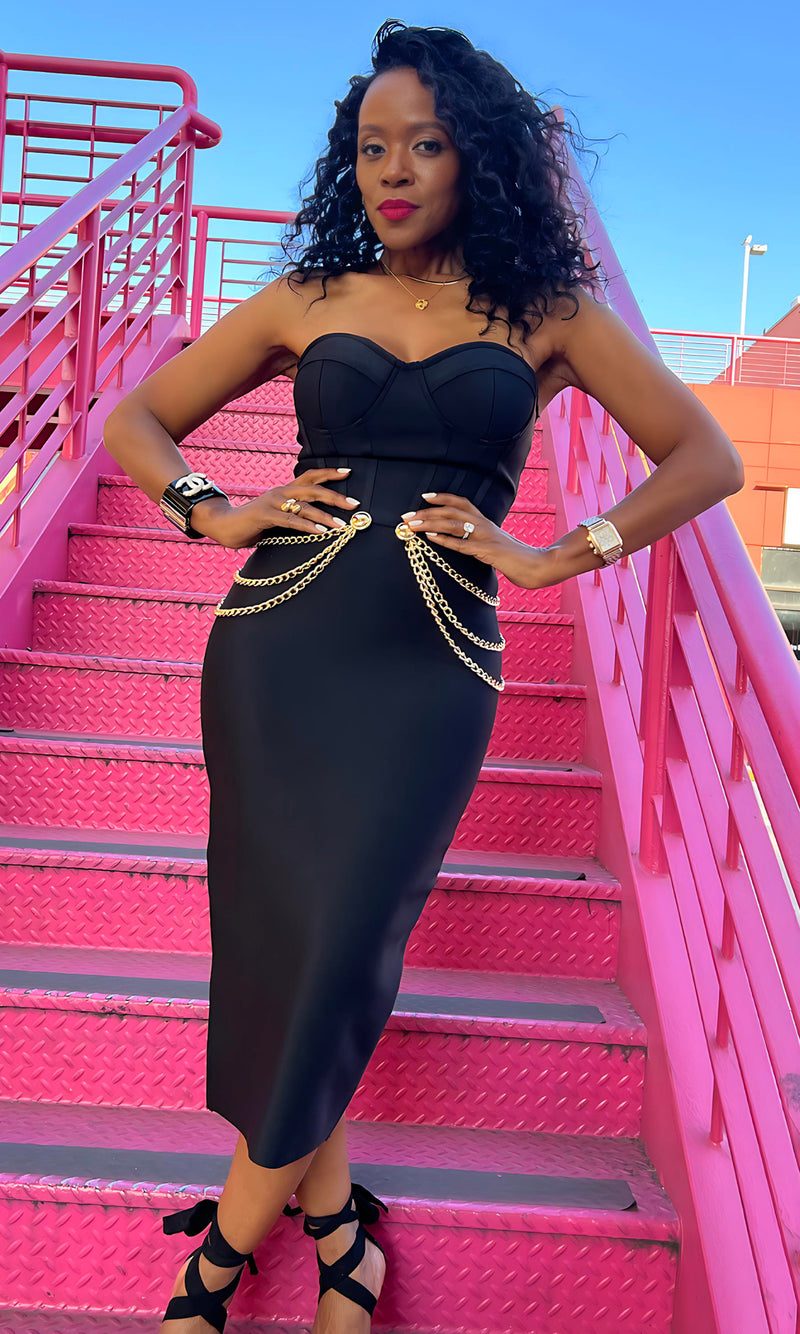 Channing Chain Black Bandage Midi Dress-FINAL SALE