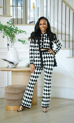 Daria Black and White Diamond Cardigan Pants Set