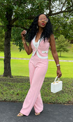 Vera Pink and White Vest Pants Set