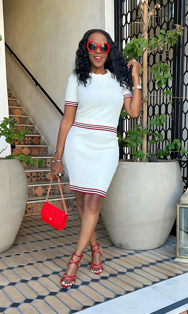 Casually Cute Ivory Striped Knit Skirt Set