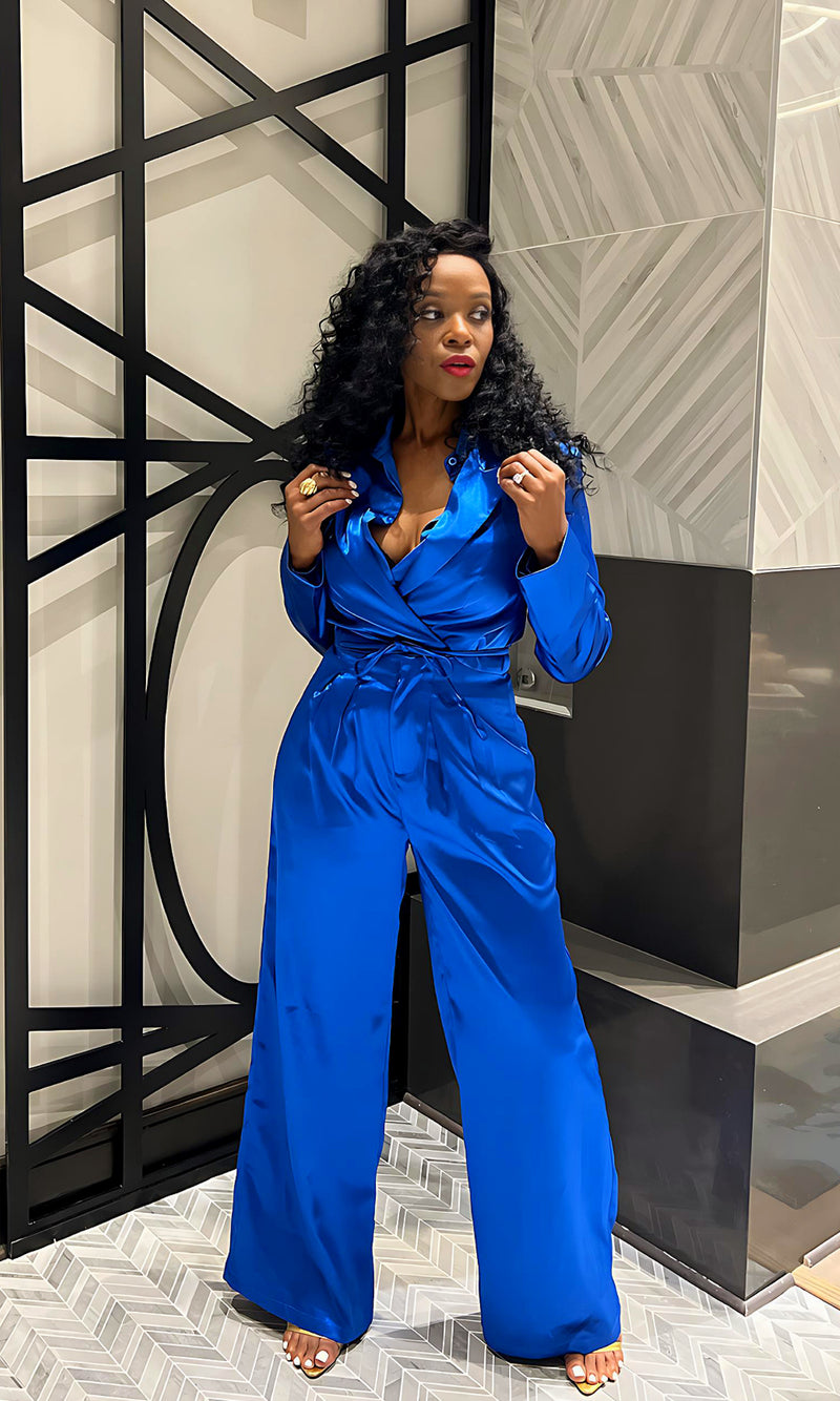 Sasha Satin BLUE Wide Leg Pants Set