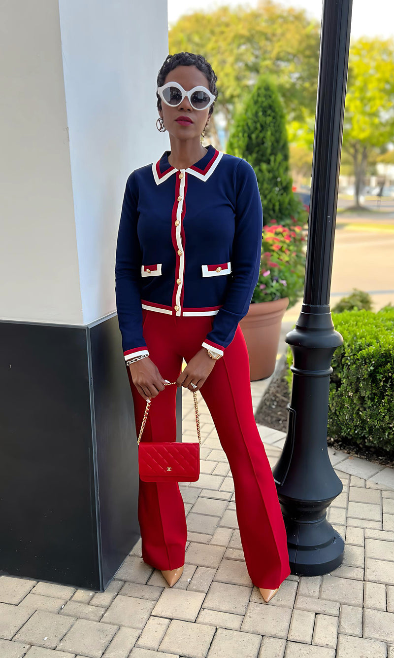 Constance Striped Knit Navy Cardigan