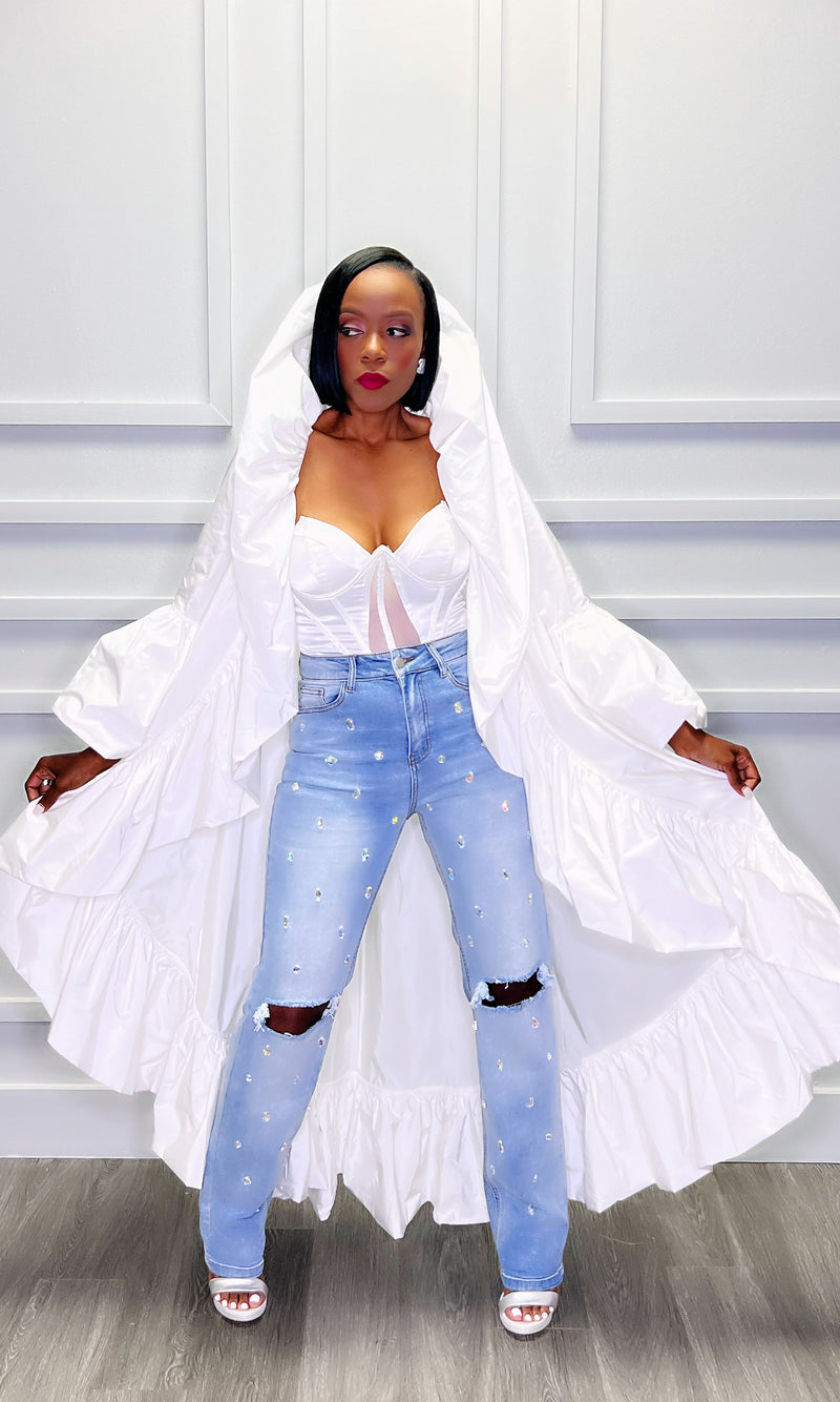 Kallese Ruffled White Cape Jacket