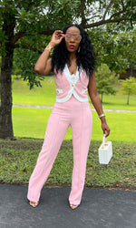 Vera Pink and White Vest Pants Set
