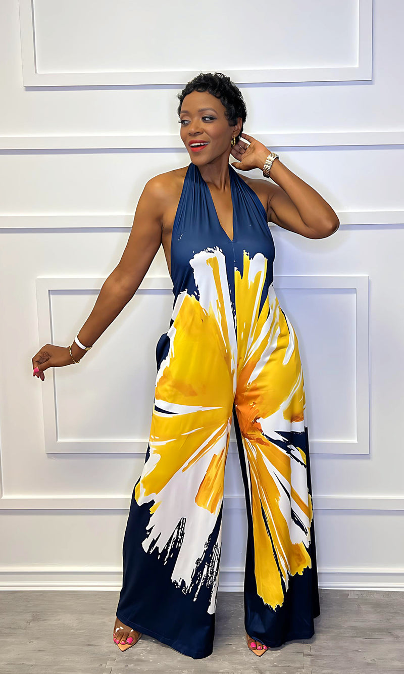 Abiza Navy Flower Halter Jumpsuit