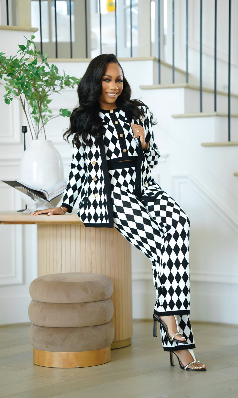 Daria Black and White Diamond Cardigan Pants Set