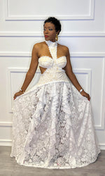 Garden Lace White Halter Maxi Dress:PRE-ORDER:RESTOCK ETA: 7/25/25