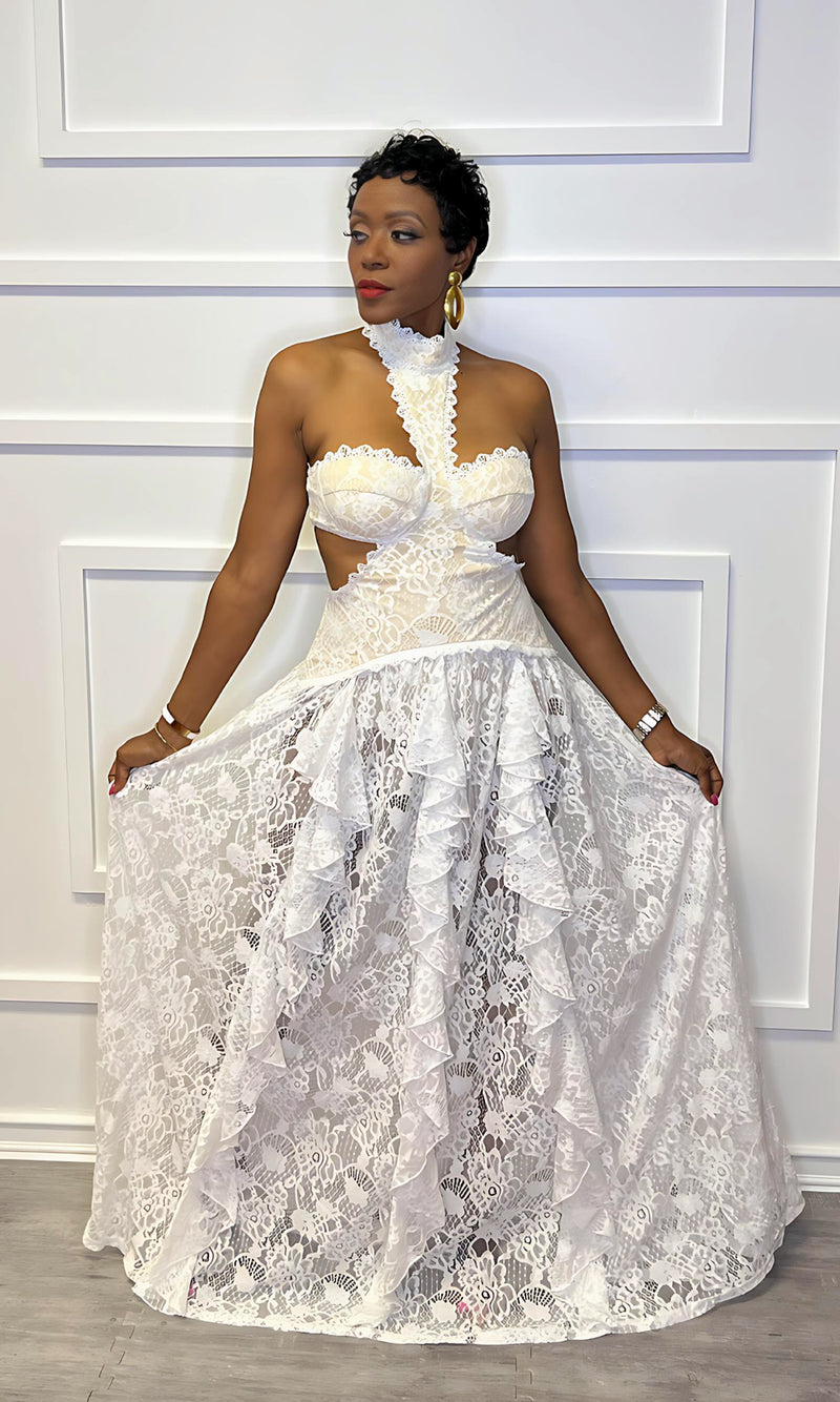 Garden Lace White Halter Maxi Dress:PRE-ORDER:RESTOCK ETA: 7/25/25