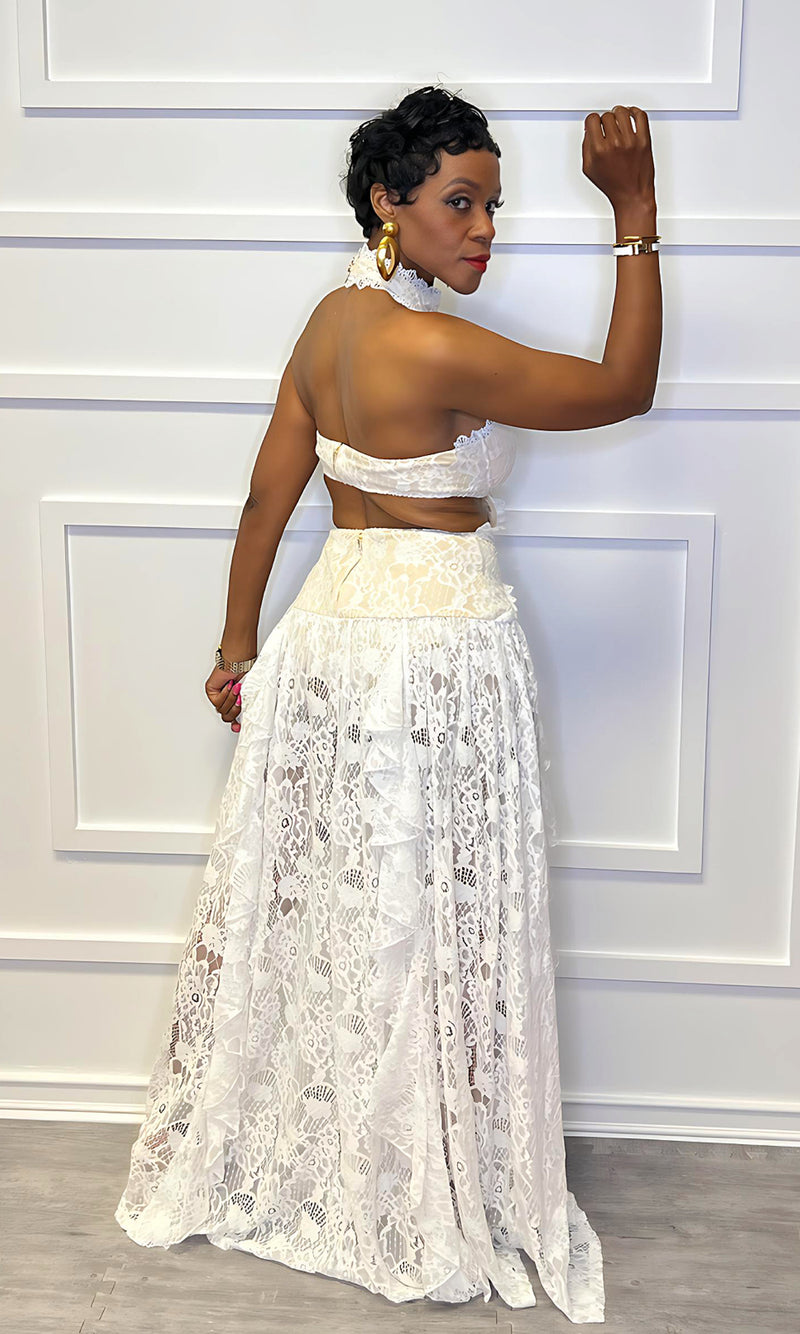 Garden Lace White Halter Maxi Dress:PRE-ORDER:RESTOCK ETA: 7/25/25