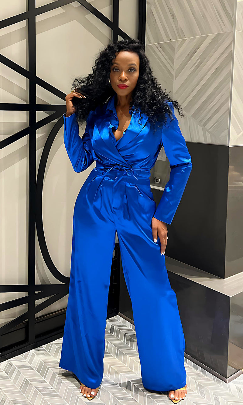 Sasha Satin BLUE Wide Leg Pants Set