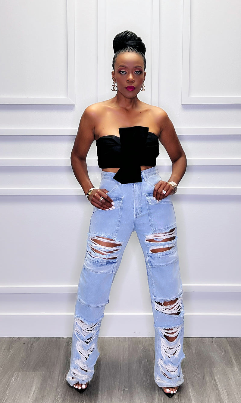 Robin Ribbon Black Crop Top