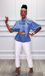 Demi Denim Peplum Bow Top