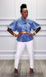 Demi Denim Peplum Bow Top