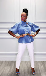 Demi Denim Peplum Bow Top