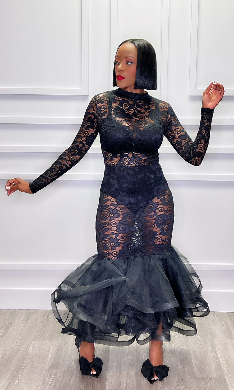 Lynn Lace Fishtail Black Dress:FINAL SALE
