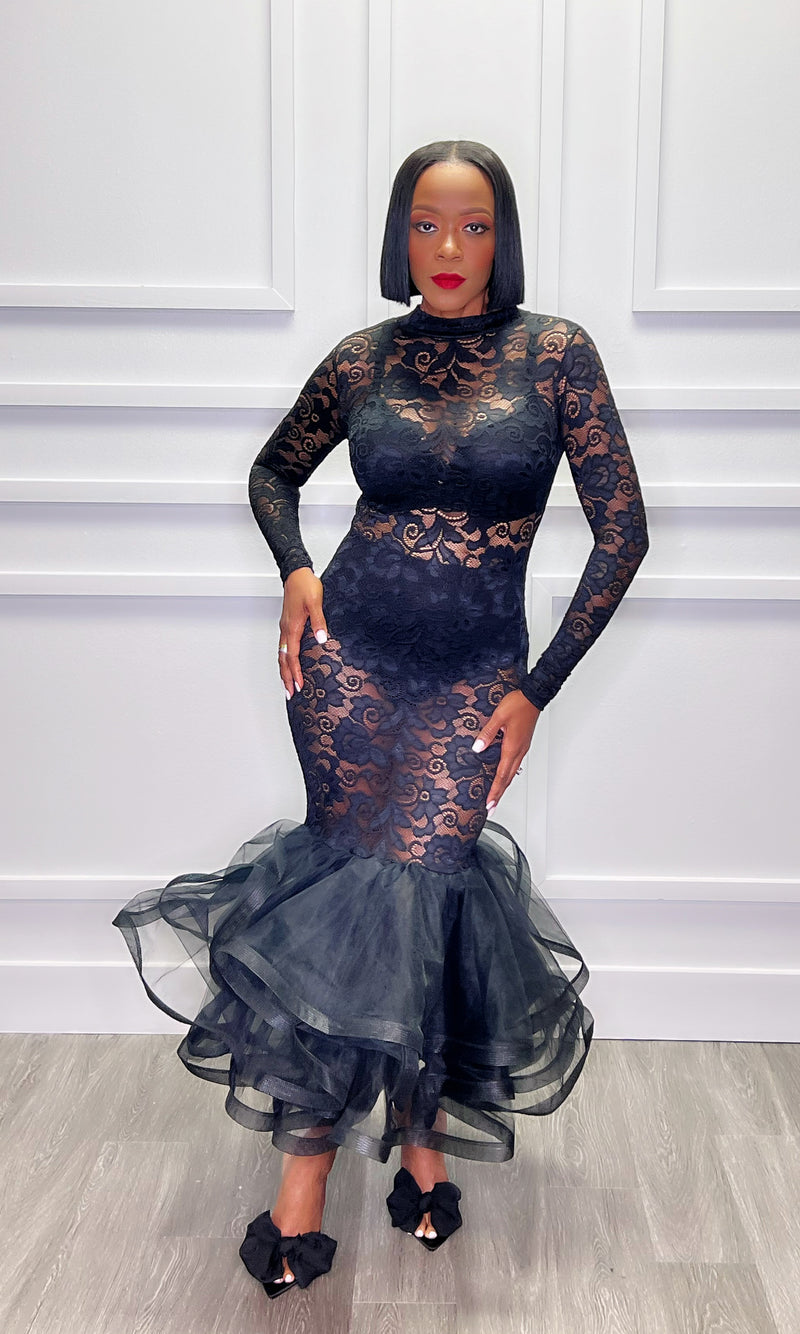 Lynn Lace Fishtail Black Dress:FINAL SALE